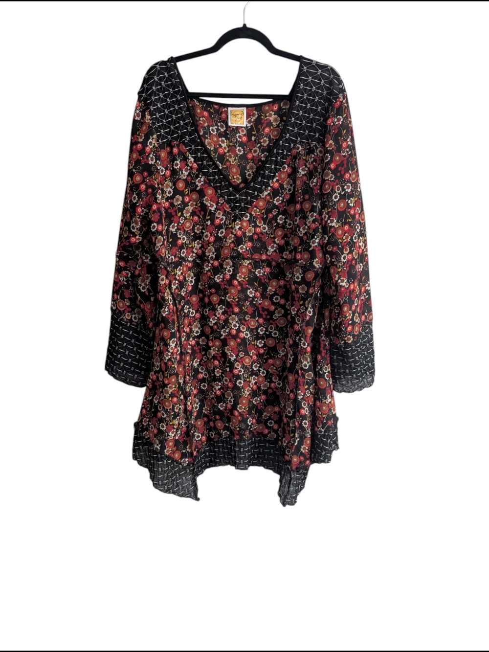 Hand Jive Boho Red Floral V-Neck Semi sheer Tunic Top Sz.2XL